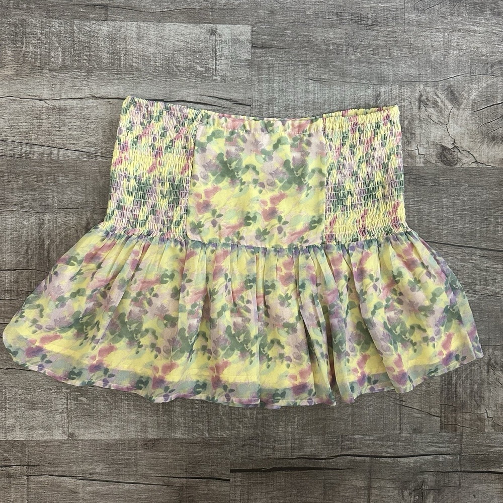 Harper Wren Yellow Floral Smocked Mini Skirt Ruffle Hem Pastel Cottagecore Sz M - Picture 6 of 6